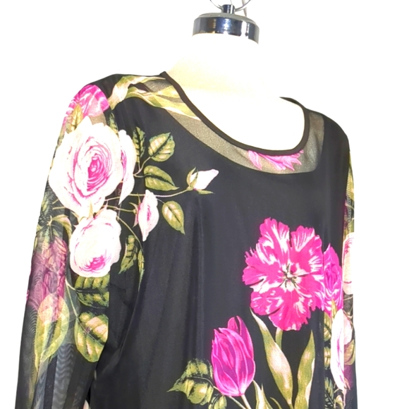 VICTORIA COLLECTION Black Mesh And Pink Floral Elegant Blouse Size Plus XXL - Picture 2 of 13